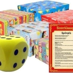 Bellatio Decorations Sinterklaas Spel Gele Dobbelsteen En 12x Inpakpapier Rollen - Pakjesavond Sinterklaasspel Dobbelstenen En Cadeaupapier Set