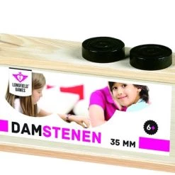 Longfield Games Damstenen 35 Mm In Houten Kist Met Schuifdeksel.