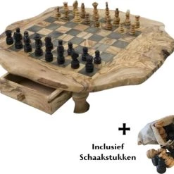Schaakset Olijfolie & Honing Met Laden - Schaakspel - Schaakstukken - Schaakbord - Schaken - Bordspel - Handgemaakt - Cadeau - Kado - Hout - Zwart - Volwassenen & Kinderen - 55 X 55 X 10 Cm