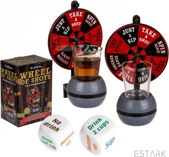 ESTARK Drankspel / Drinkspel - Draaiwiel Met Opdrachten - Shotglas - Dobbelstenen Met Doe Opdracht - Roulette - Drankspelletje - Drink - Drank - Spel - Drinken - Shots - Party - Partyspel - Dobbelen - LUXE SET - 4 Delig 1 ESTARK Drankspel / Drinkspel - Draaiwiel Met Opdrachten - Shotglas - Dobbelstenen Met Doe Opdracht - Roulette - Drankspelletje - Drink - Drank - Spel - Drinken - Shots - Party - Partyspel - Dobbelen - LUXE SET - 4 Delig