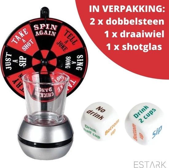 ESTARK Drankspel / Drinkspel - Draaiwiel Met Opdrachten - Shotglas - Dobbelstenen Met Doe Opdracht - Roulette - Drankspelletje - Drink - Drank - Spel - Drinken - Shots - Party - Partyspel - Dobbelen - LUXE SET - 4 Delig 9 ESTARK Drankspel / Drinkspel - Draaiwiel Met Opdrachten - Shotglas - Dobbelstenen Met Doe Opdracht - Roulette - Drankspelletje - Drink - Drank - Spel - Drinken - Shots - Party - Partyspel - Dobbelen - LUXE SET - 4 Delig - Afbeelding 9