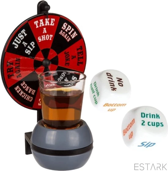 ESTARK Drankspel / Drinkspel - Draaiwiel Met Opdrachten - Shotglas - Dobbelstenen Met Doe Opdracht - Roulette - Drankspelletje - Drink - Drank - Spel - Drinken - Shots - Party - Partyspel - Dobbelen - LUXE SET - 4 Delig 4 ESTARK Drankspel / Drinkspel - Draaiwiel Met Opdrachten - Shotglas - Dobbelstenen Met Doe Opdracht - Roulette - Drankspelletje - Drink - Drank - Spel - Drinken - Shots - Party - Partyspel - Dobbelen - LUXE SET - 4 Delig - Afbeelding 4