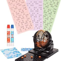 Merkloos Bingo Spel Zwart/oranje Complete Set Nummers 1-90 Met Molen, 148x Bingokaarten En 2x Stiften - Bingospel - Bingo Spellen - Bingomolen Met Bingokaarten - Bingo Spelen